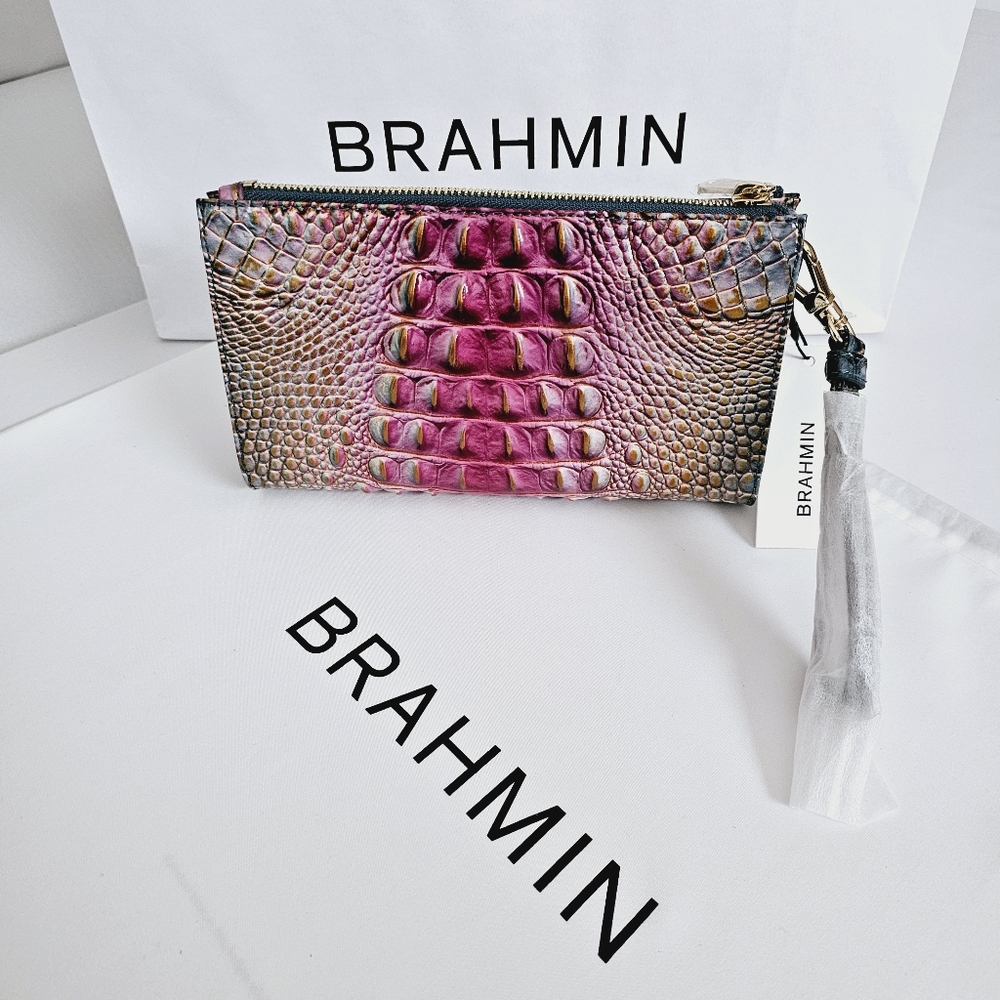 Brahmin Purple Brown Embossed Leather Wristlet Clutch - Picture 13 of 16